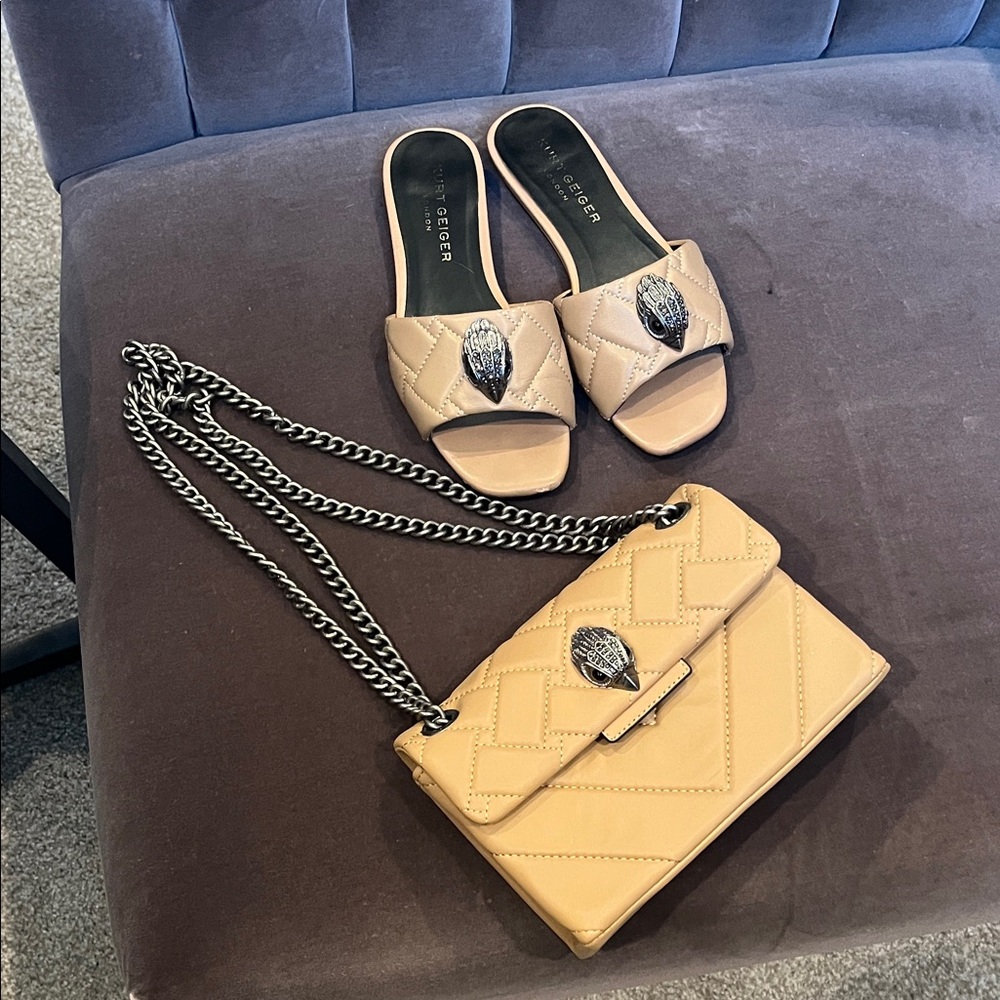 Kurt Geiger - camel color leather Quilted Bag and Slide Set - sandals size 7